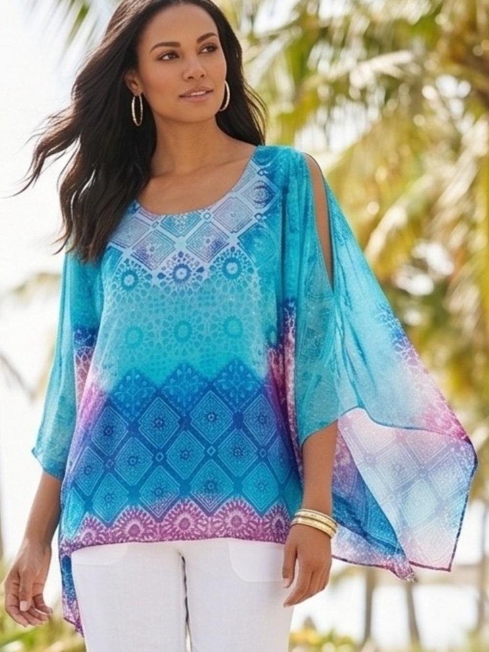 Chico's Blue Geometric Handkerchief Top Split Sleeve Chiffon Lined Size 2/L